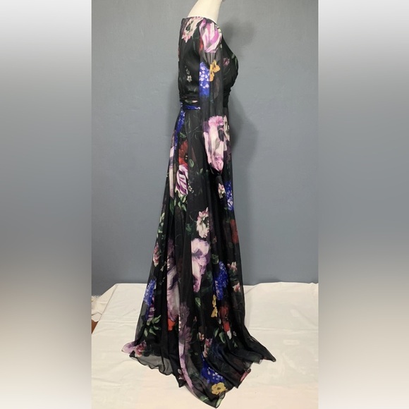 Mac Duggal Sz 2 Black Floral Print Chiffon Long Sleeve Maxi Dress - Picture 9 of 11